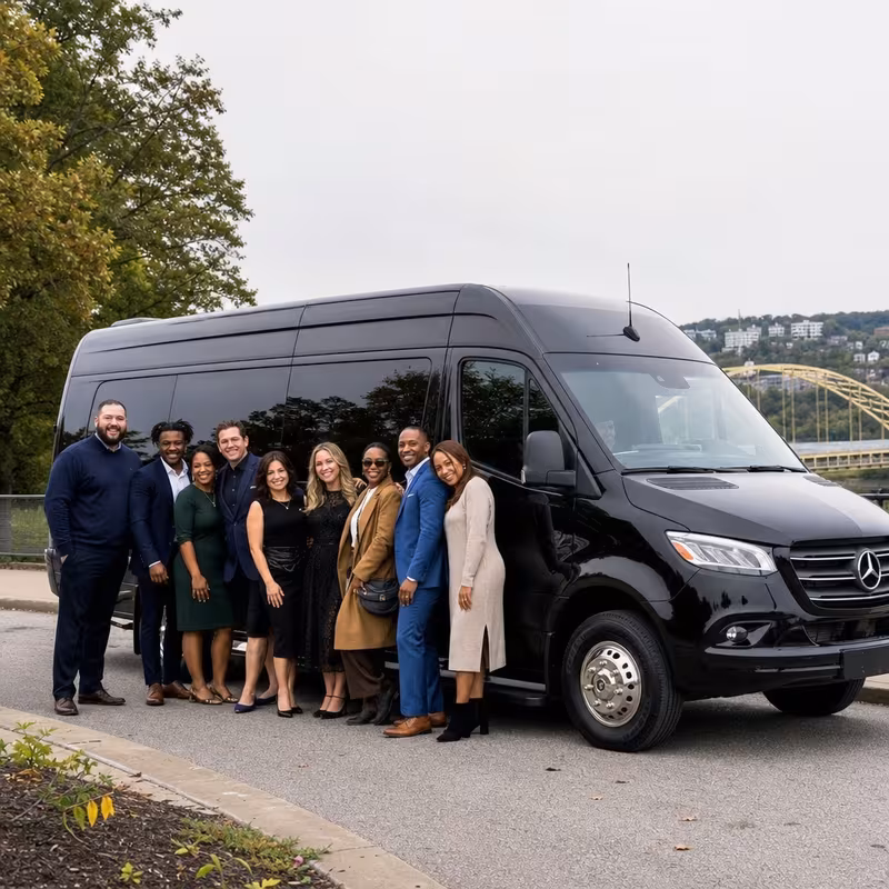 Group beside a Mercedes Sprinter limo from the Pittsburgh fleet