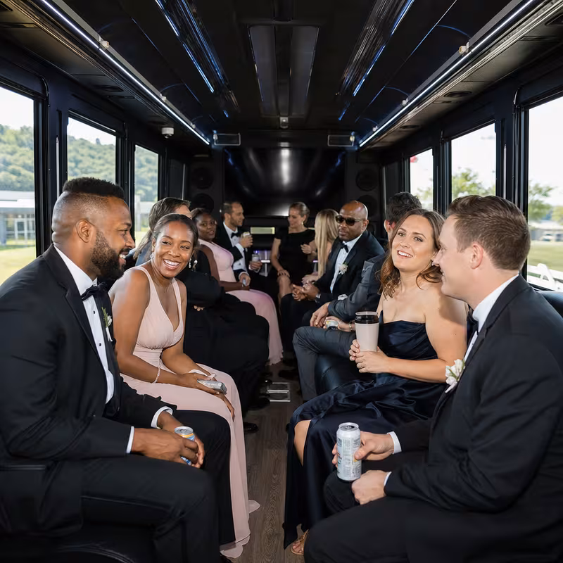 Wedding guests seated inside a Pittsburgh party bus