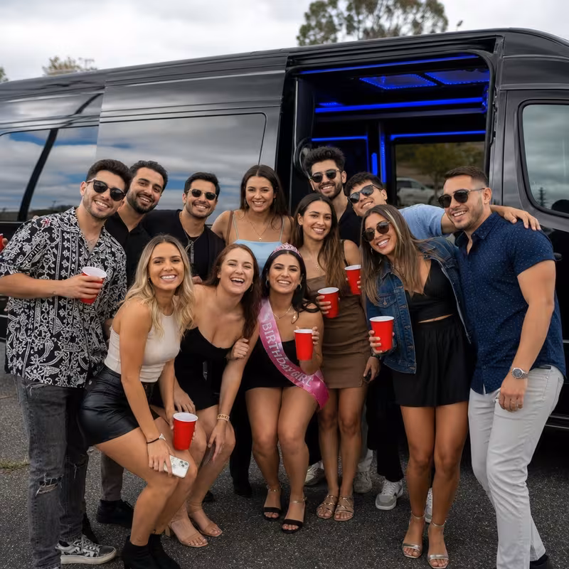 Party bus interior with wraparound leather seating and LED lighting in Pittsburgh